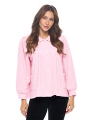 Casual Nights Women's Button Front Jacquard Terry Fleece Sleep Bed Jacket Top with Pockets - Pink