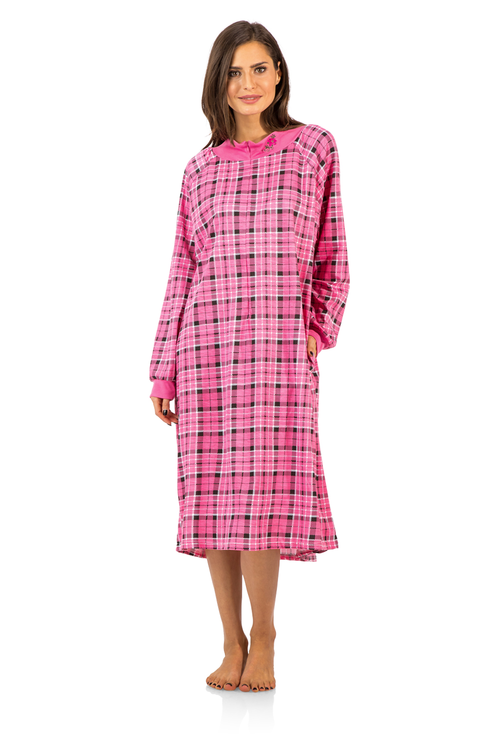 Casual Nights Women's Plaid Long Sleeve Zip Up Long Nightgown Pink LA4058PK