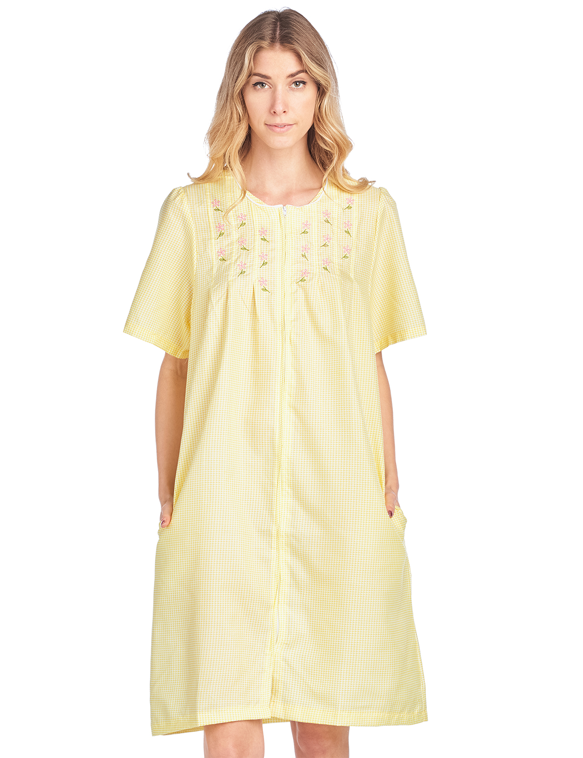 Casual Nights Women's Zipper Front Short Sleeve Gingham Housecoat Duster Yellow LA2014YL