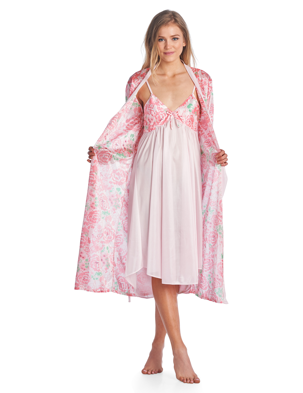 Casual Nights Women's Satin 2 Piece Robe and Nightgown Set Pink LA415PK