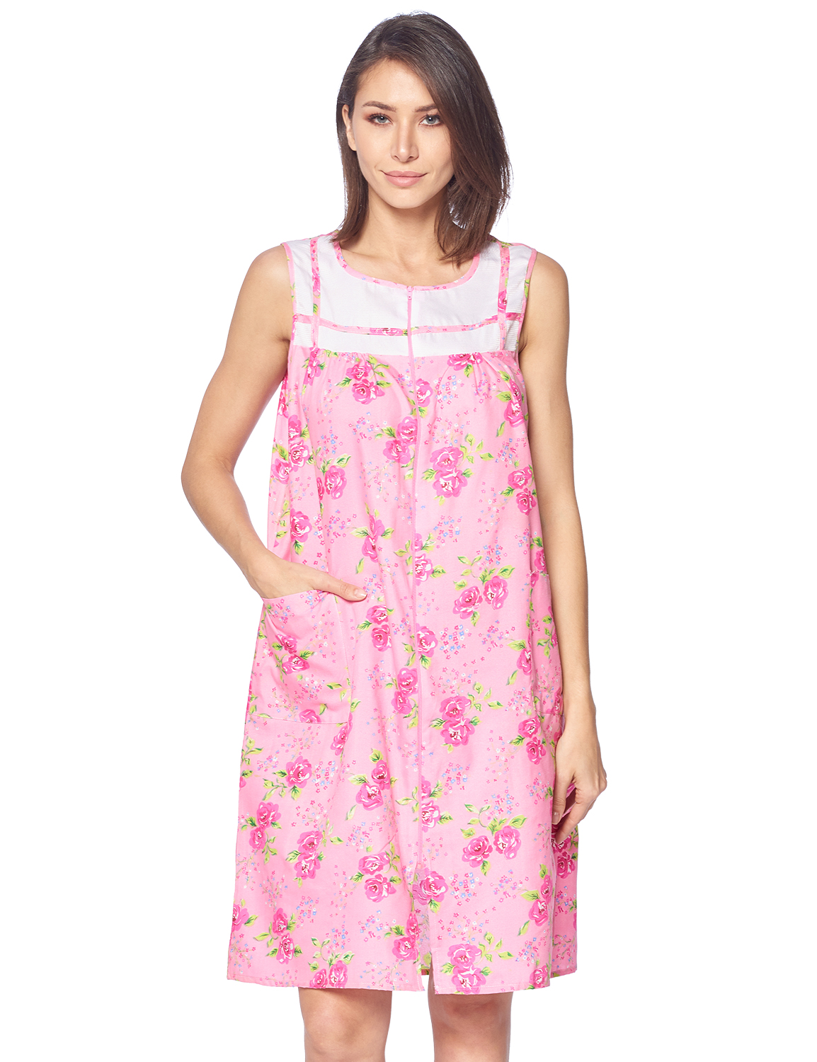 Casual Nights Women's Woven Zip Front House Dress Sleeveless