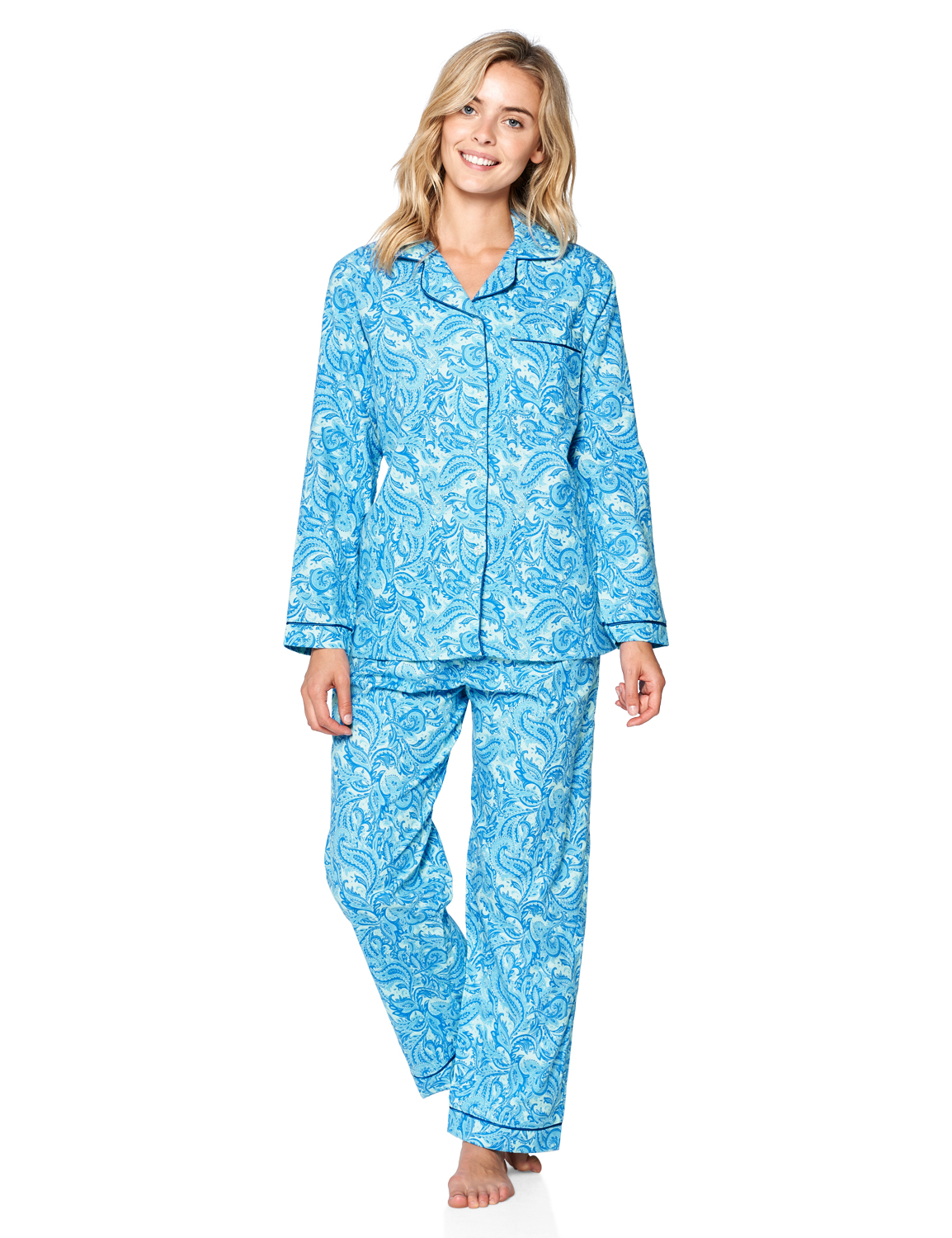 Casual Nights Women's Flannel Long Sleeve Button Down Pajama Set Blue