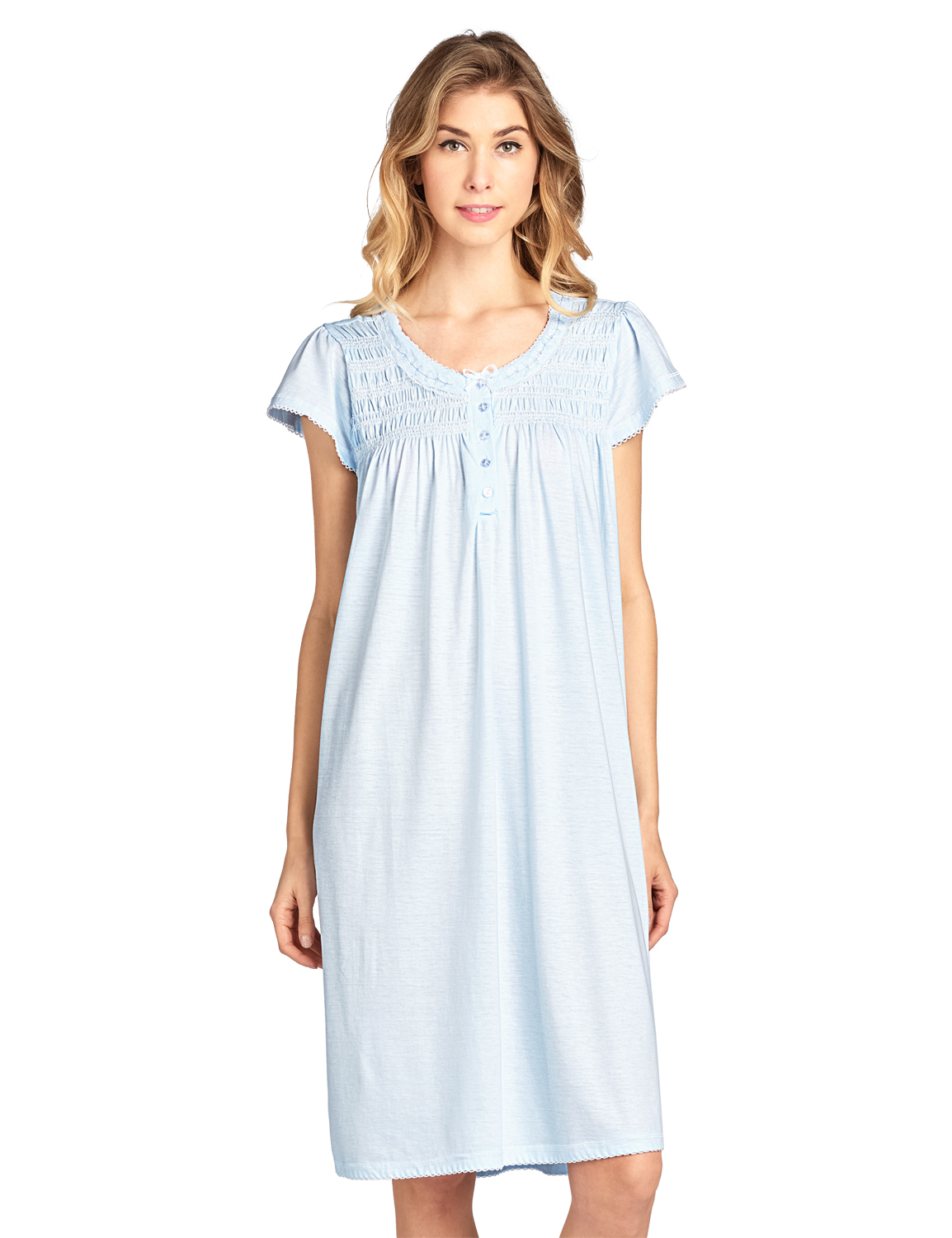 Casual Nights Women's Short Sleeve Smocked And Lace Nightgown - Blue ...