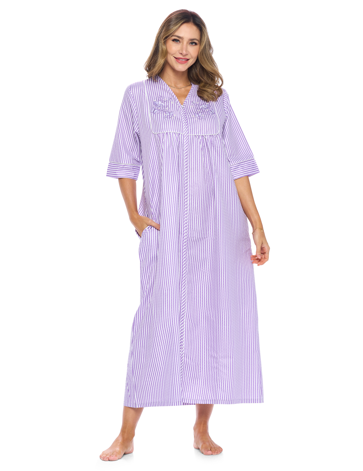 Casual Nights Women's Zip Front Seersucker House Dress 3/4 Sleeves Housecoat  Long Duster Lounger - Striped Purple LA2023PR