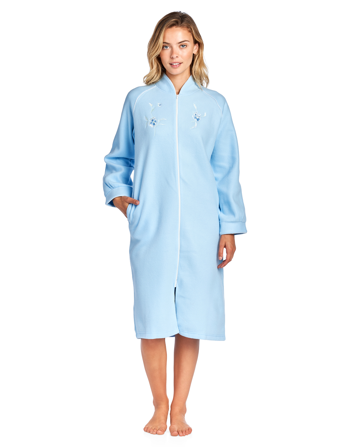 Casual Nights Women's Zip Up Front Long Fleece Robe House Dress Blue